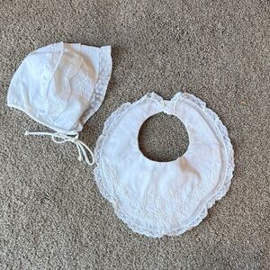 White Lace Baby Bonnet and Bib Set